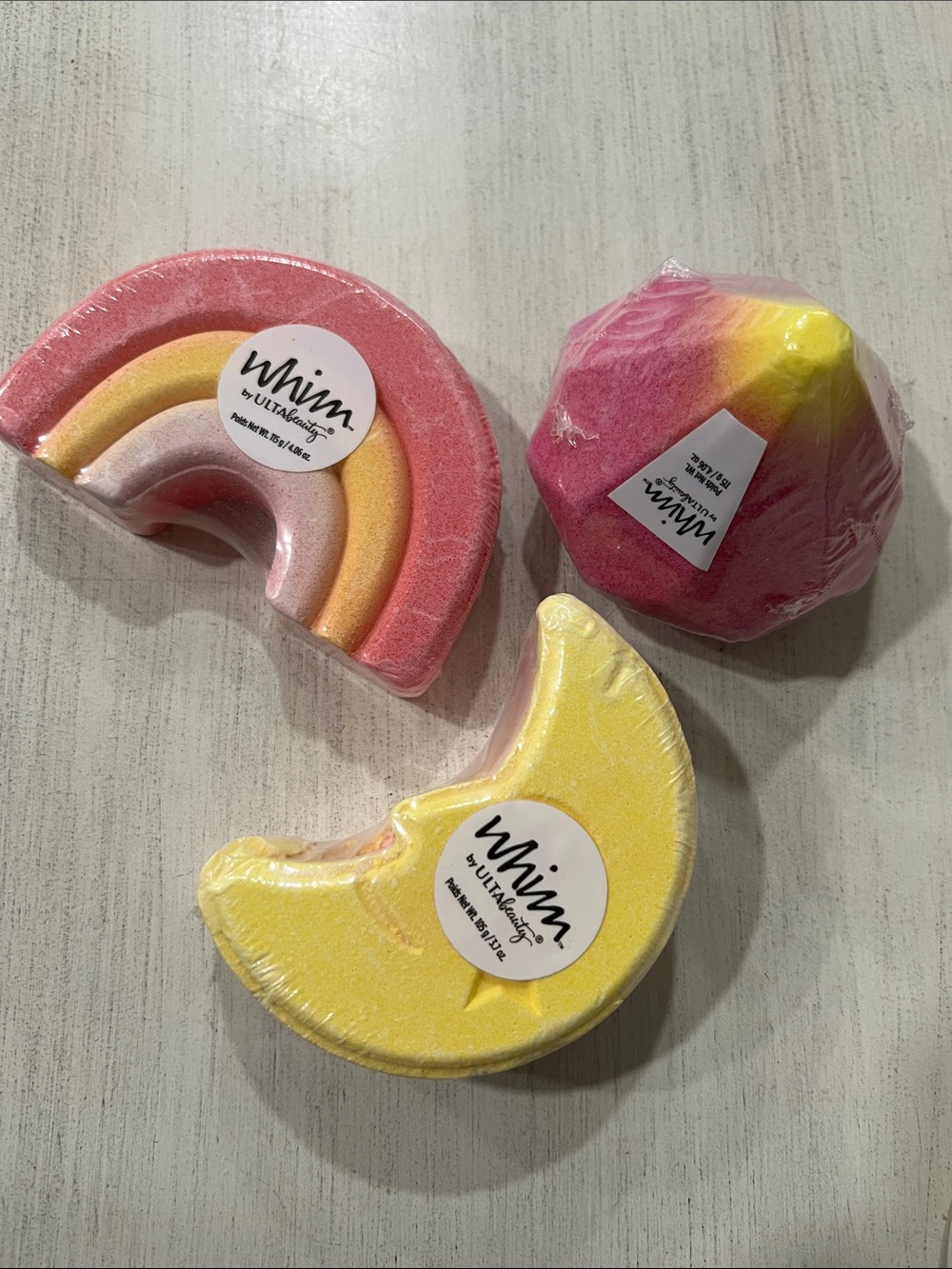 Ulta Beauty Rainbow, Diamond & Moon Pink and Yellow Bath Bomb Trio